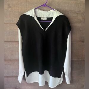 layered top satiny, white sleeves/ collar. Soft Sweater vest beautiful fabrics.